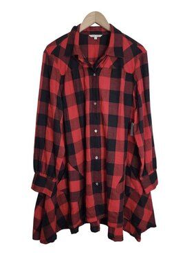 Red And Black Checked Plaid Button Down Flannel Tunic Dress John Mark Size Large